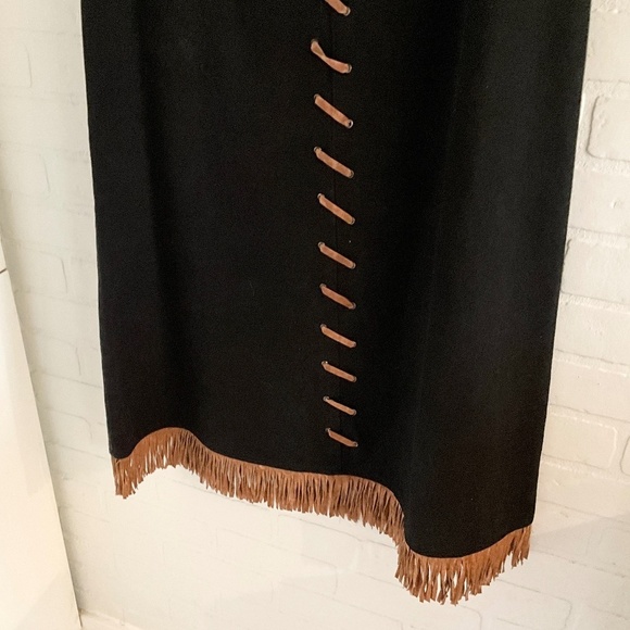 Vintage Maxi Denim Skirt Western Native Black Brown Suede Fringe Trim 12 - Picture 2 of 12